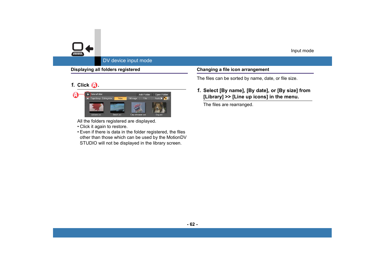 Displaying all folders registered, Changing a file icon arrangement, Te: "displaying all folders registered | Panasonic MotionDV STUDIO 5.6E LE eng User Manual | Page 62 / 260