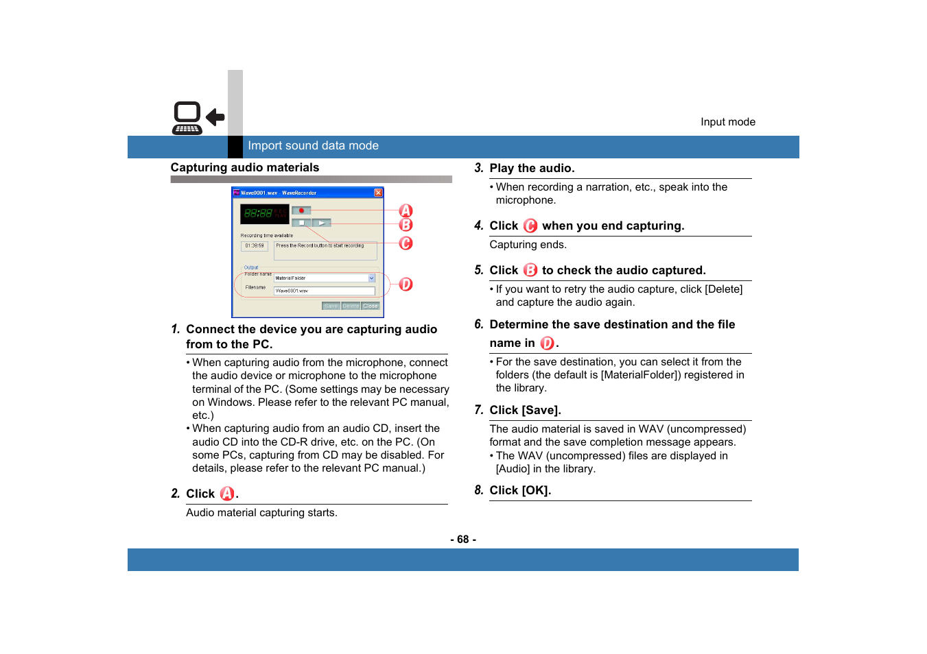 Capturing audio materials | Panasonic MotionDV STUDIO 5.6E LE eng User Manual | Page 68 / 260