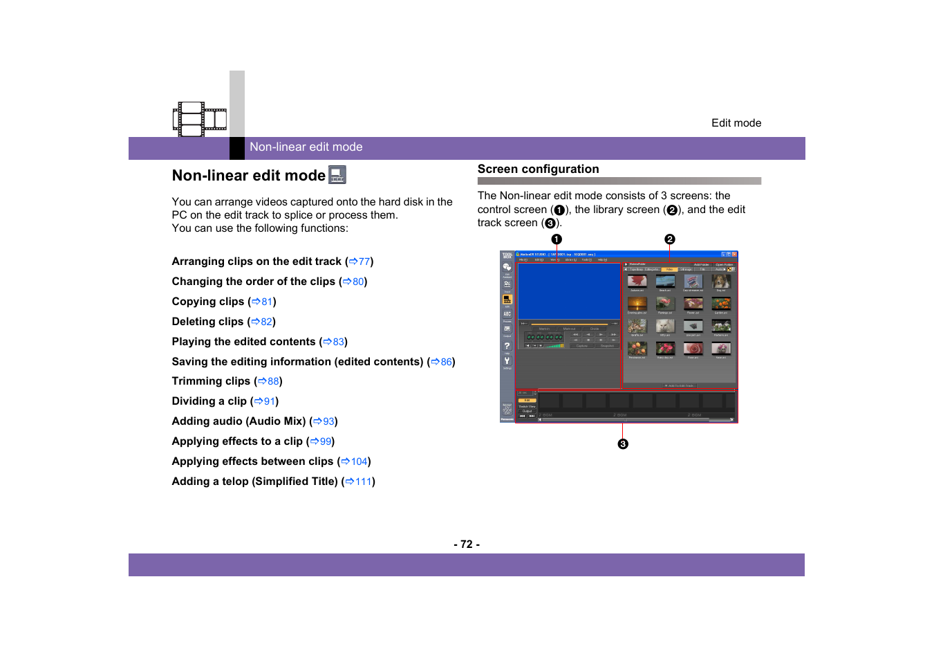 Non-linear edit mode, Screen configuration | Panasonic MotionDV STUDIO 5.6E LE eng User Manual | Page 72 / 260