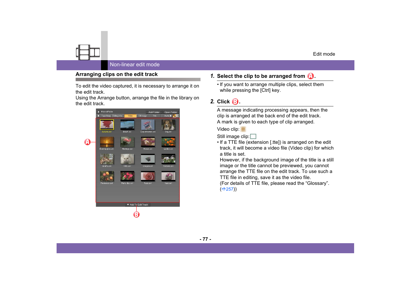 Arranging clips on the edit track | Panasonic MotionDV STUDIO 5.6E LE eng User Manual | Page 77 / 260