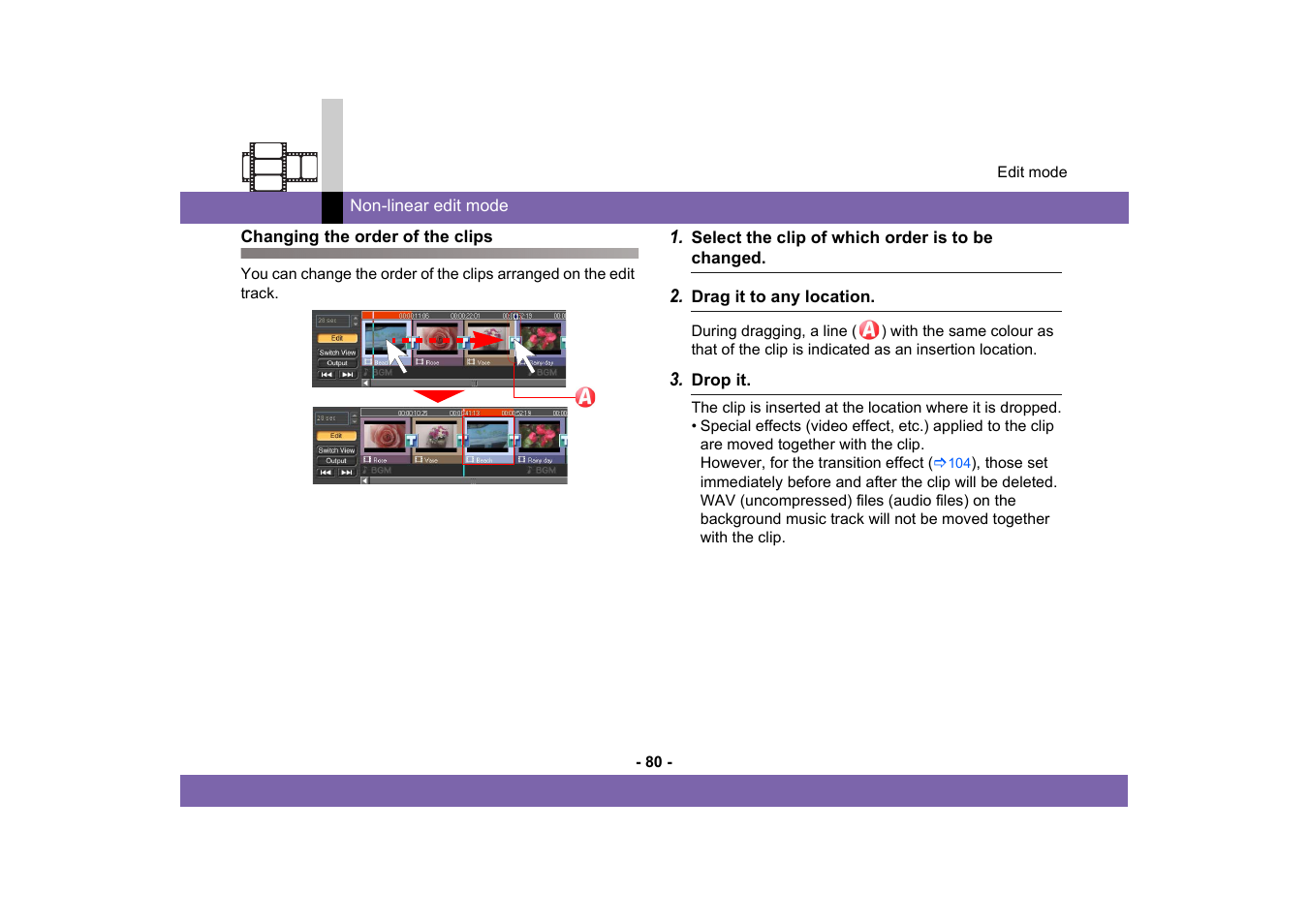 Changing the order of the clips | Panasonic MotionDV STUDIO 5.6E LE eng User Manual | Page 80 / 260