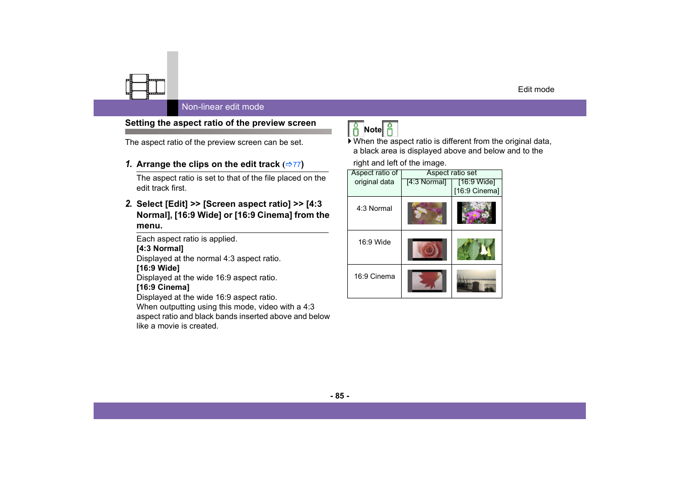 Setting the aspect ratio of the preview screen | Panasonic MotionDV STUDIO 5.6E LE eng User Manual | Page 85 / 260