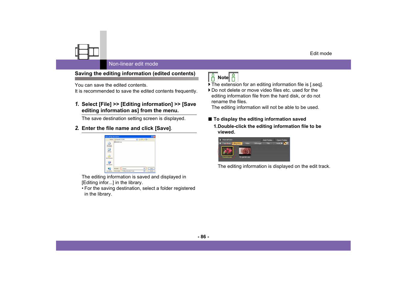 Saving the editing information (edited contents) | Panasonic MotionDV STUDIO 5.6E LE eng User Manual | Page 86 / 260
