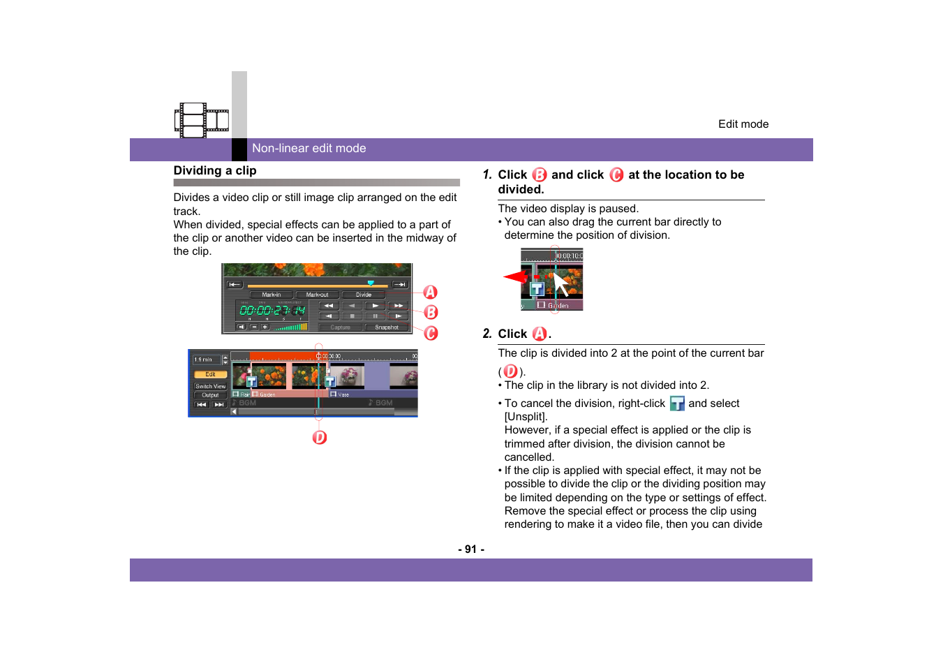 Dividing a clip | Panasonic MotionDV STUDIO 5.6E LE eng User Manual | Page 91 / 260