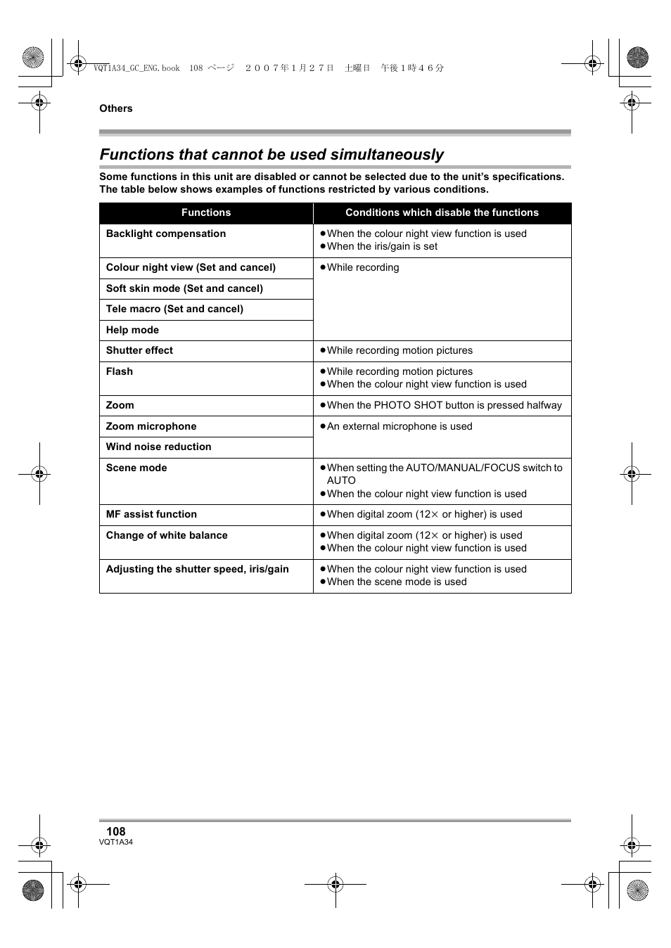 Functions that cannot be used simultaneously | Panasonic HDC-SD1 User Manual | Page 108 / 124