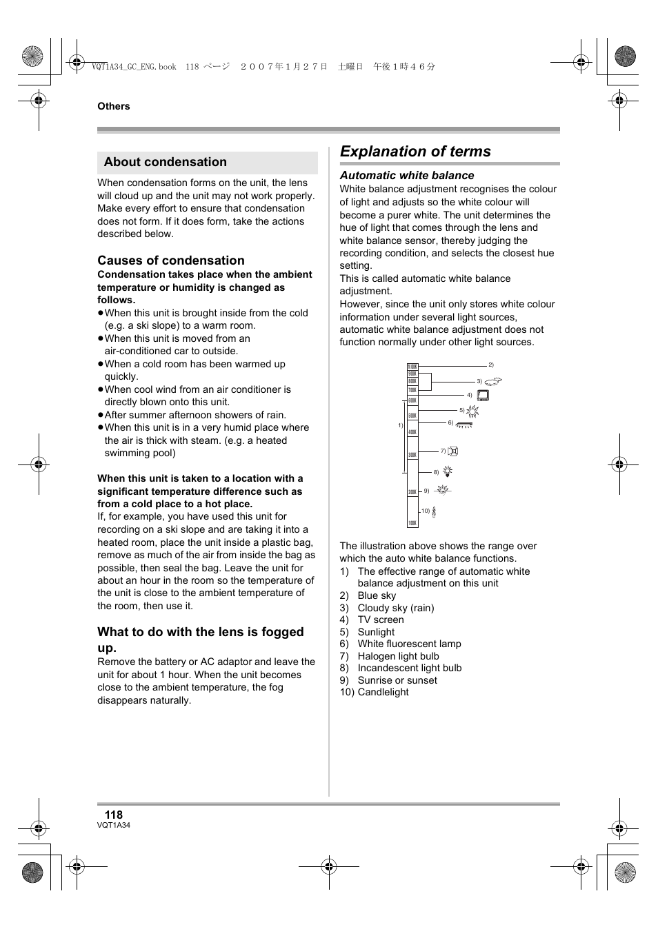 Explanation of terms, Causes of condensation, What to do with the lens is fogged up | About condensation, Automatic white balance | Panasonic HDC-SD1 User Manual | Page 118 / 124