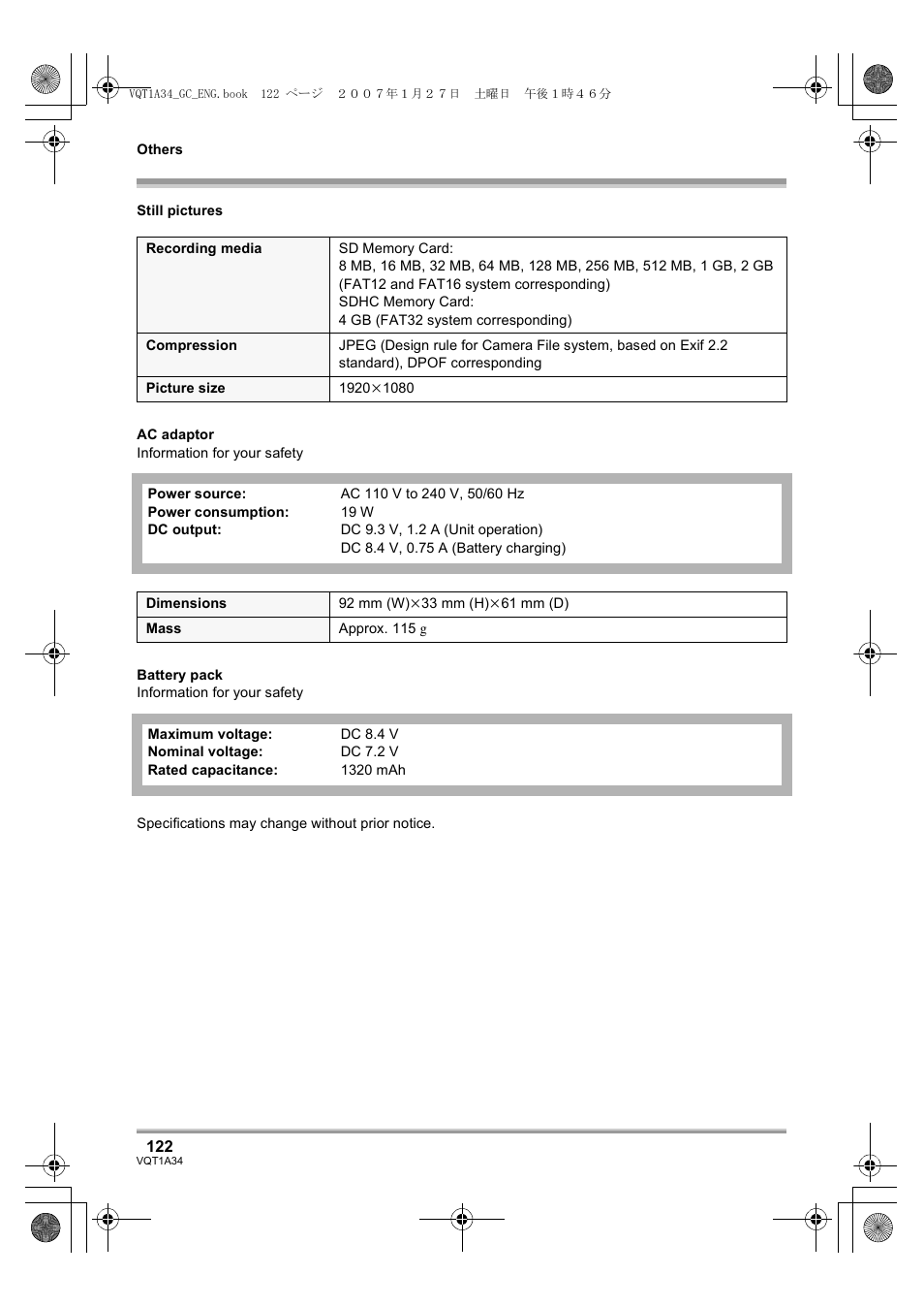 Panasonic HDC-SD1 User Manual | Page 122 / 124