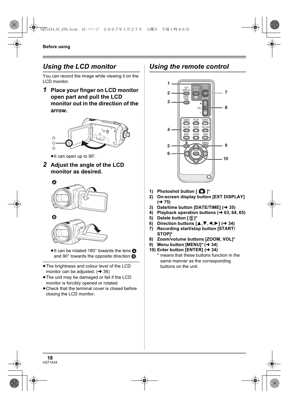 Using the lcd monitor, Using the remote control, Adjust the angle of the lcd monitor as desired | Panasonic HDC-SD1 User Manual | Page 18 / 124