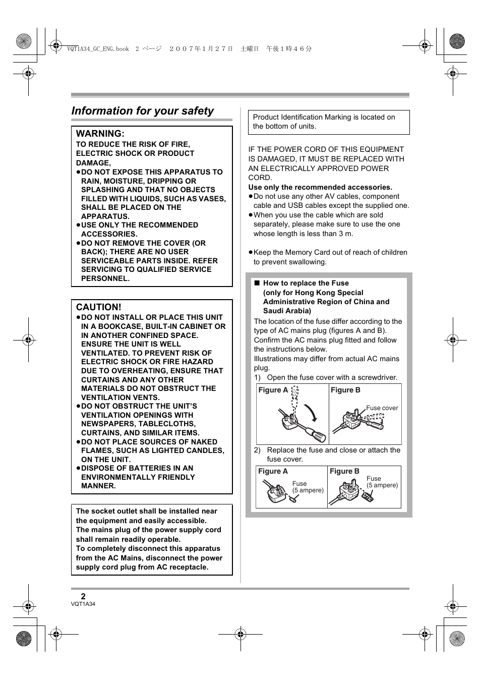 Information for your safety, Warning, Caution | Panasonic HDC-SD1 User Manual | Page 2 / 124