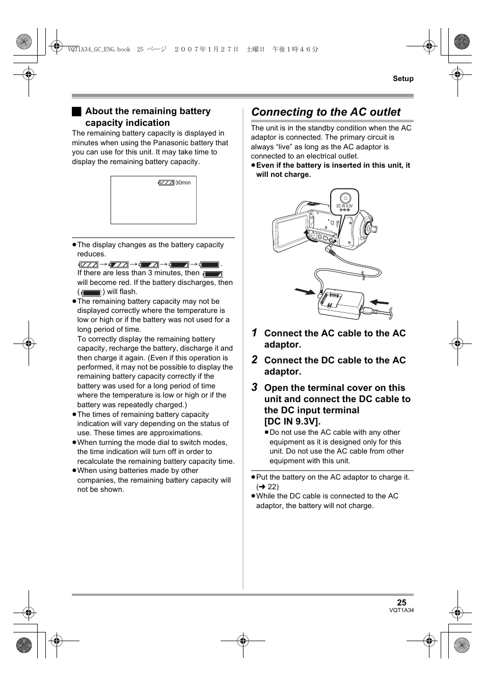 Connecting to the ac outlet | Panasonic HDC-SD1 User Manual | Page 25 / 124