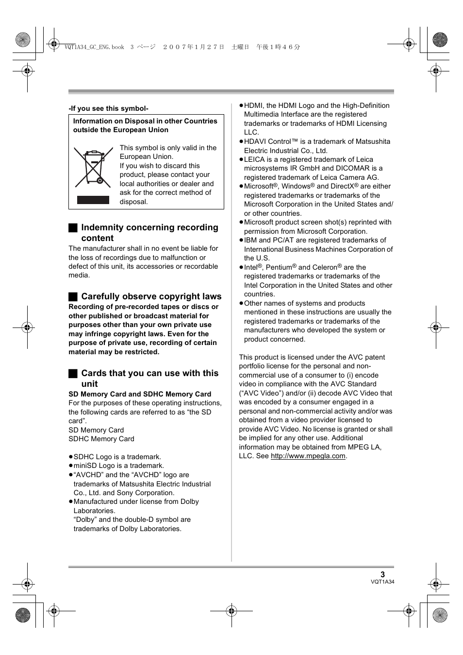 ª indemnity concerning recording content, ª carefully observe copyright laws, ª cards that you can use with this unit | Panasonic HDC-SD1 User Manual | Page 3 / 124