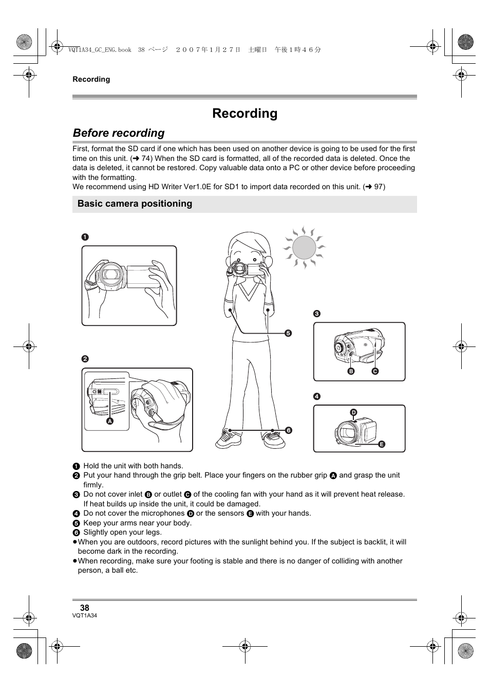 Recording, Before recording | Panasonic HDC-SD1 User Manual | Page 38 / 124