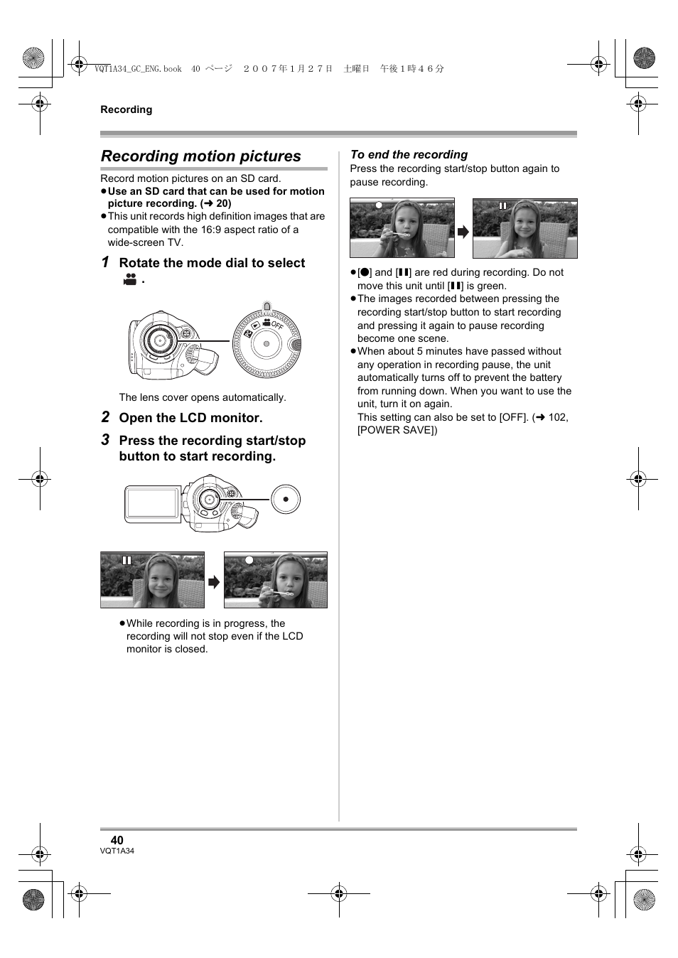 Recording motion pictures | Panasonic HDC-SD1 User Manual | Page 40 / 124