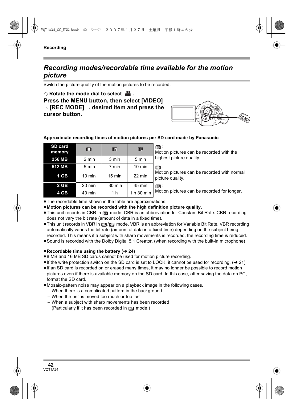 Press the menu button, then select [video, Rec mode, Desired item and press the cursor button | Panasonic HDC-SD1 User Manual | Page 42 / 124