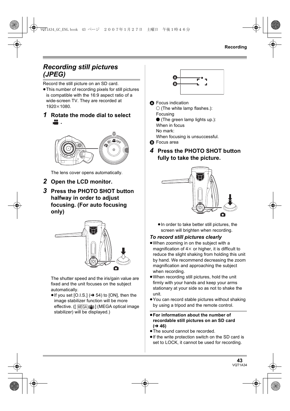 Recording still pictures (jpeg) | Panasonic HDC-SD1 User Manual | Page 43 / 124