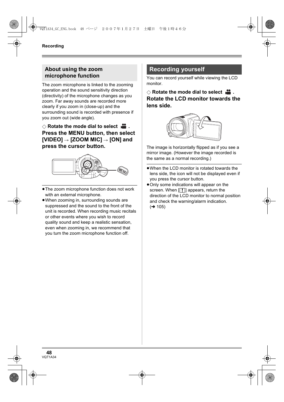 Recording yourself | Panasonic HDC-SD1 User Manual | Page 48 / 124