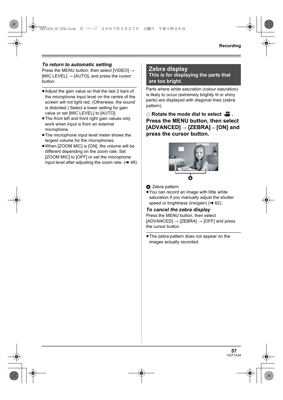 Zebra display | Panasonic HDC-SD1 User Manual | Page 57 / 124