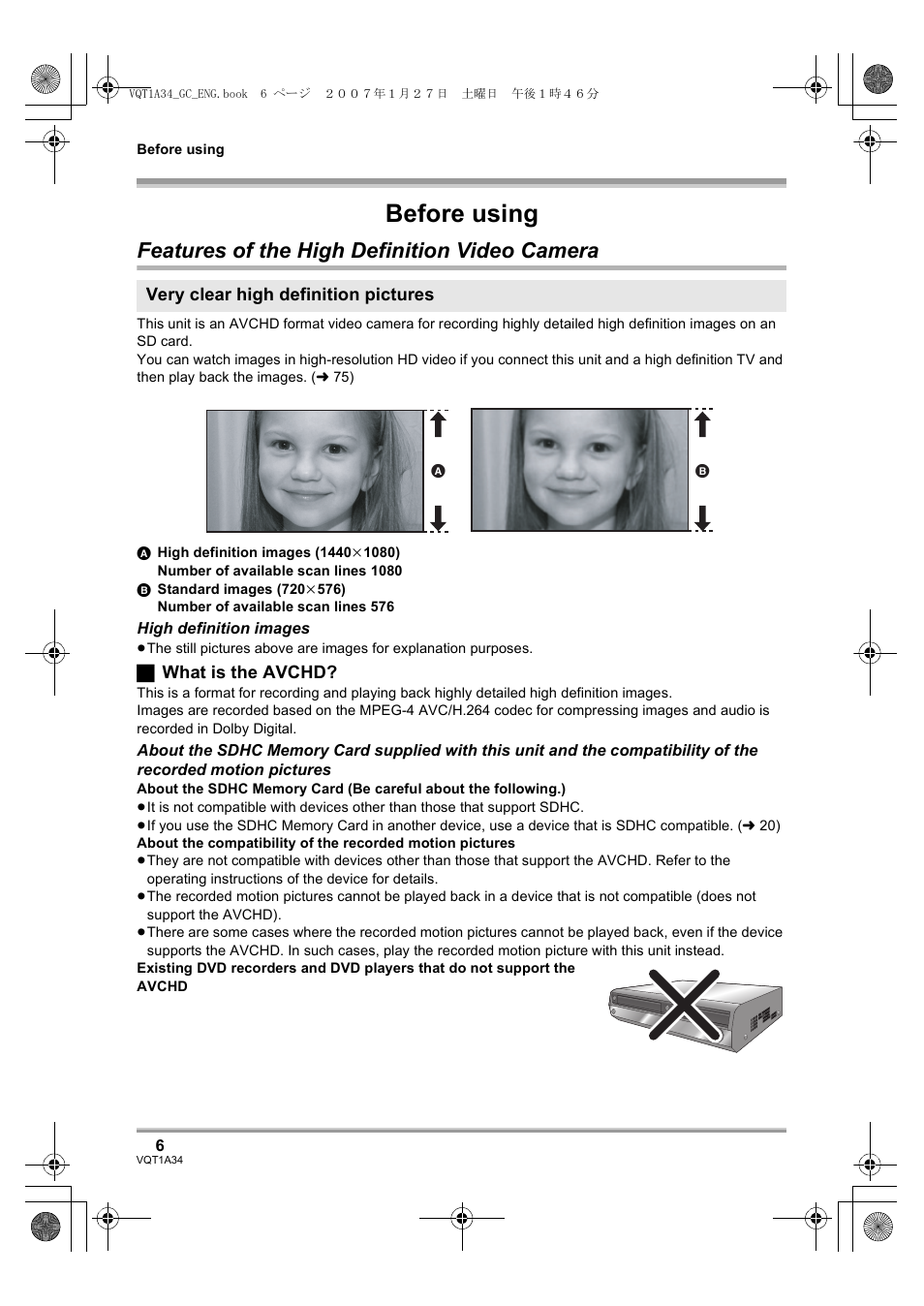 Before using, Features of the high definition video camera | Panasonic HDC-SD1 User Manual | Page 6 / 124