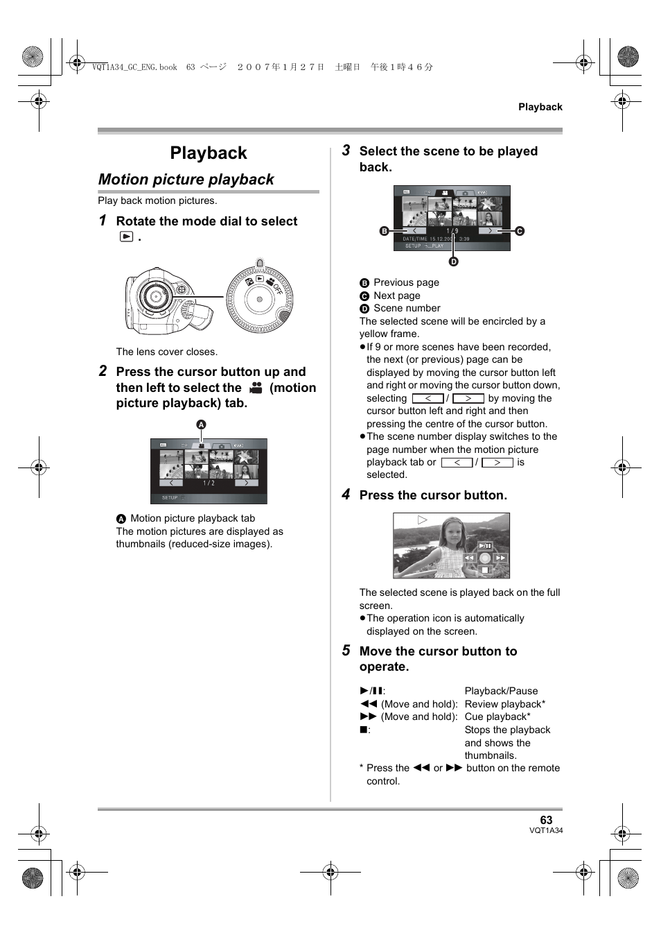 Playback, Motion picture playback | Panasonic HDC-SD1 User Manual | Page 63 / 124