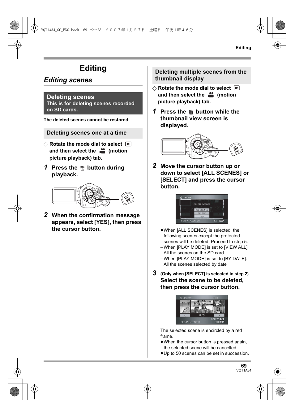 Editing, Editing scenes | Panasonic HDC-SD1 User Manual | Page 69 / 124