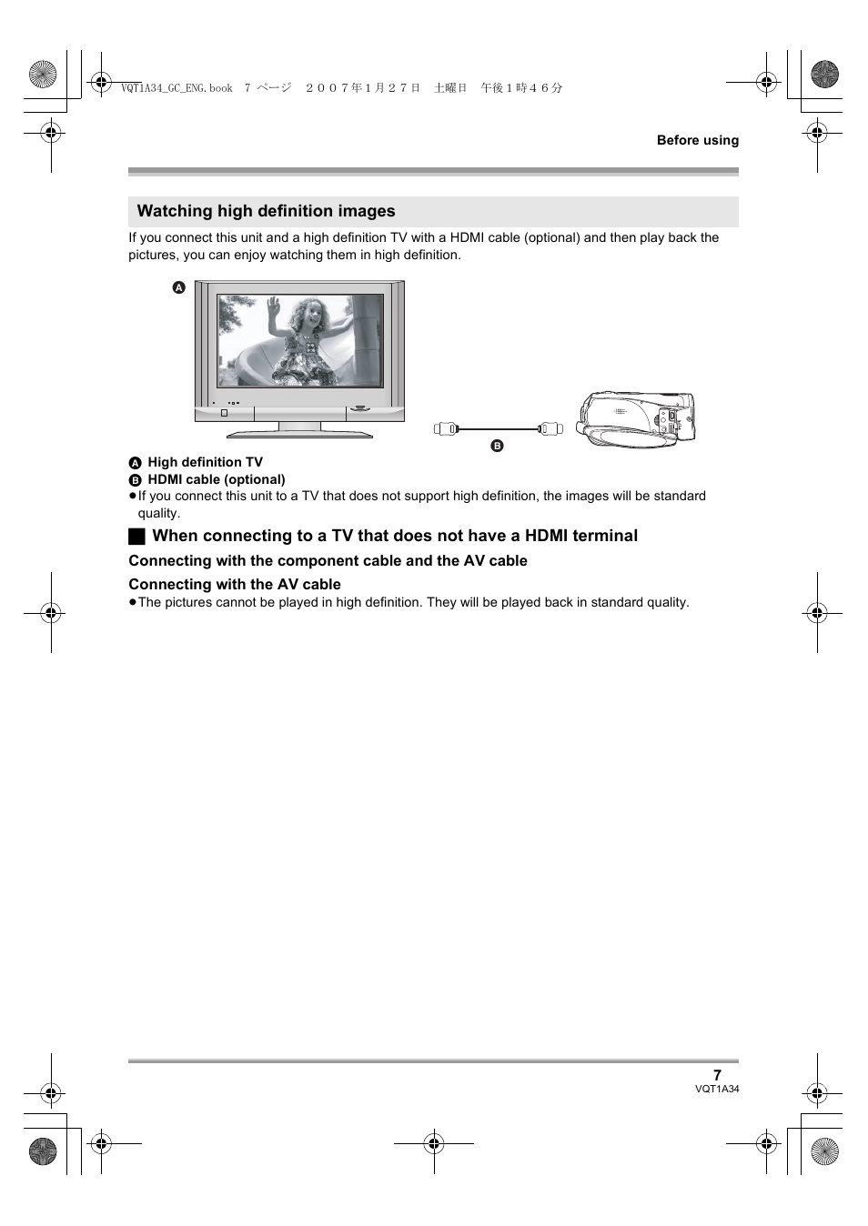 Watching high definition images | Panasonic HDC-SD1 User Manual | Page 7 / 124