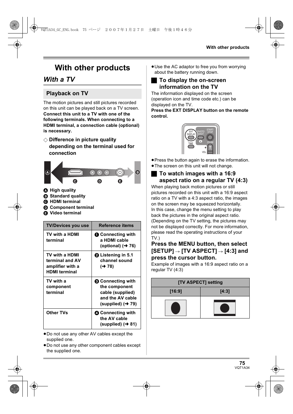 With other products, With a tv, ª to display the on-screen information on the tv | Press the menu button, then select [setup, Tv aspect, 3] and press the cursor button, Playback on tv | Panasonic HDC-SD1 User Manual | Page 75 / 124