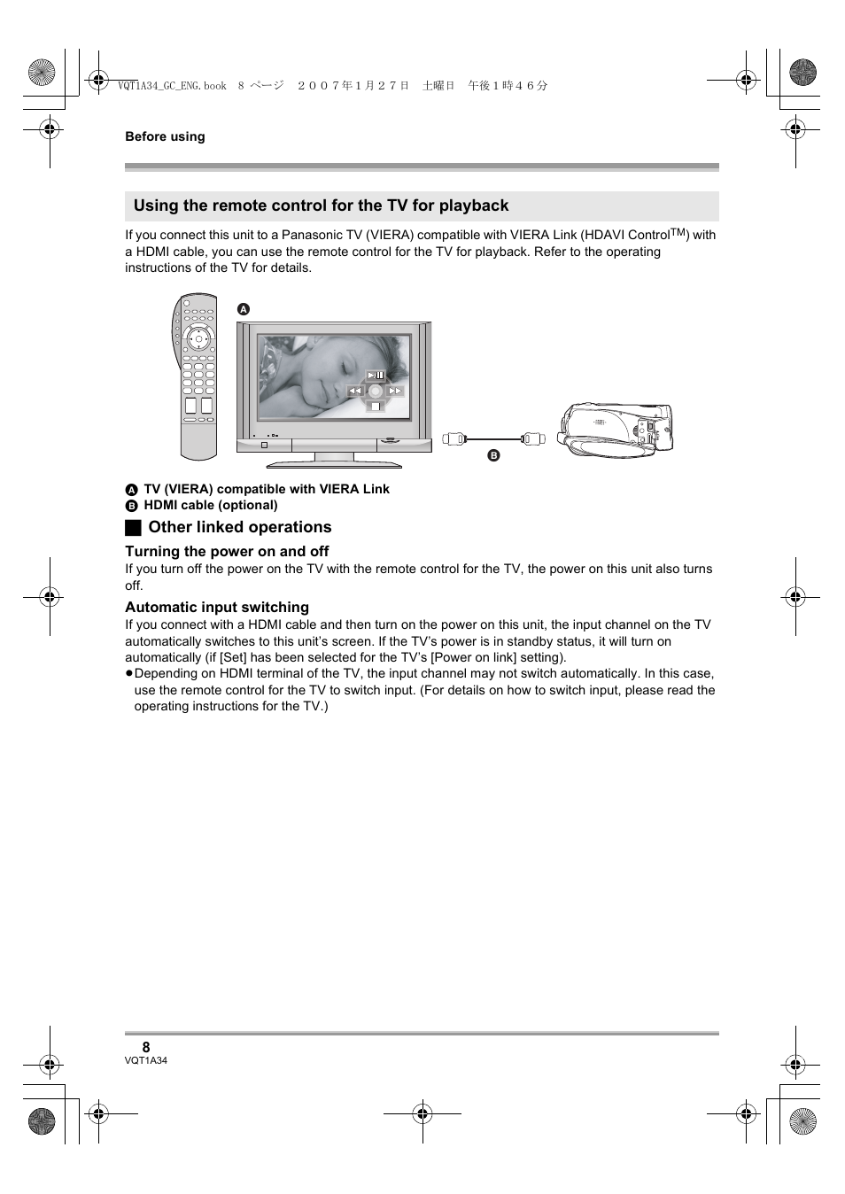 ª other linked operations, Using the remote control for the tv for playback | Panasonic HDC-SD1 User Manual | Page 8 / 124