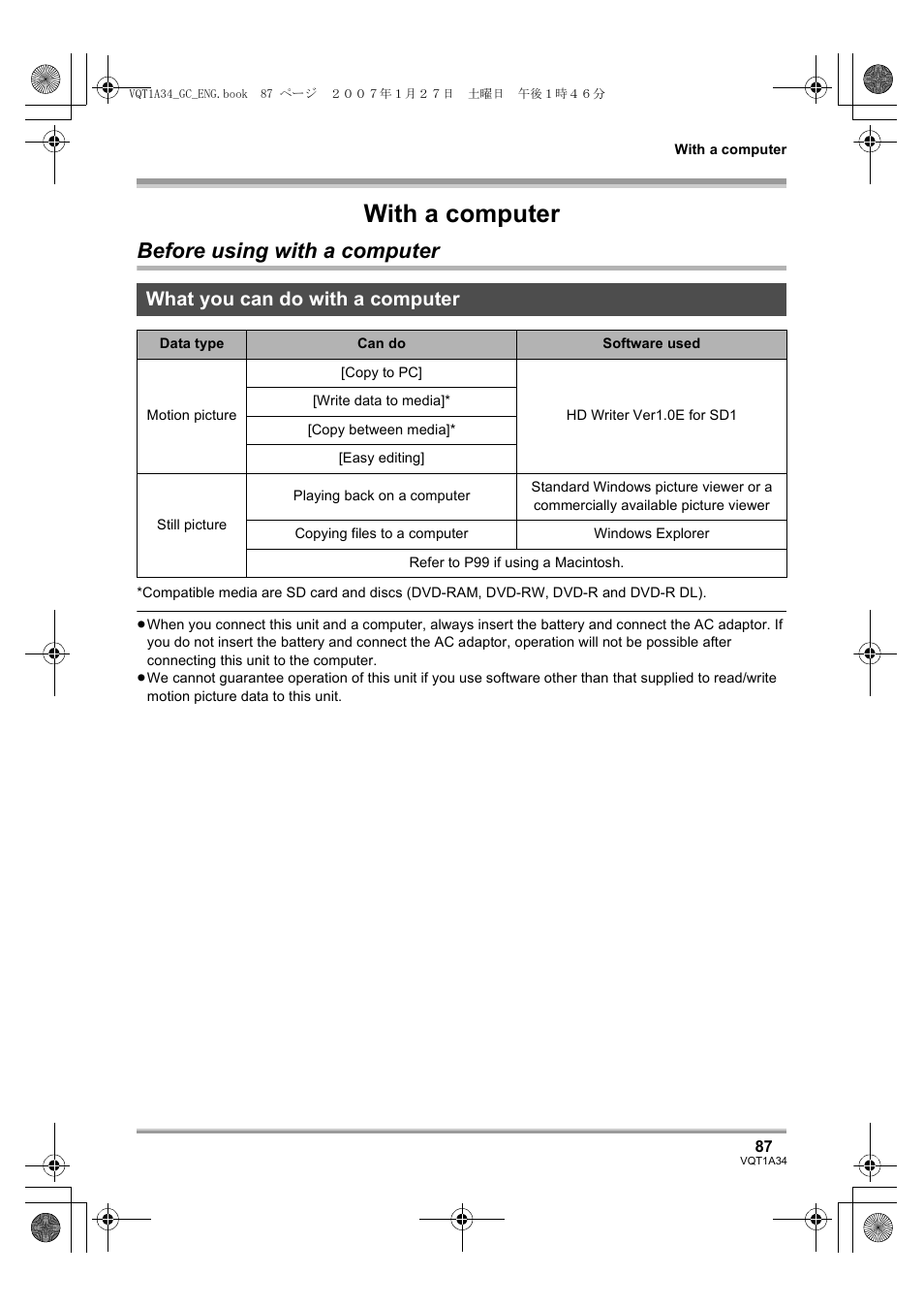 With a computer, Before using with a computer, What you can do with a computer | Panasonic HDC-SD1 User Manual | Page 87 / 124