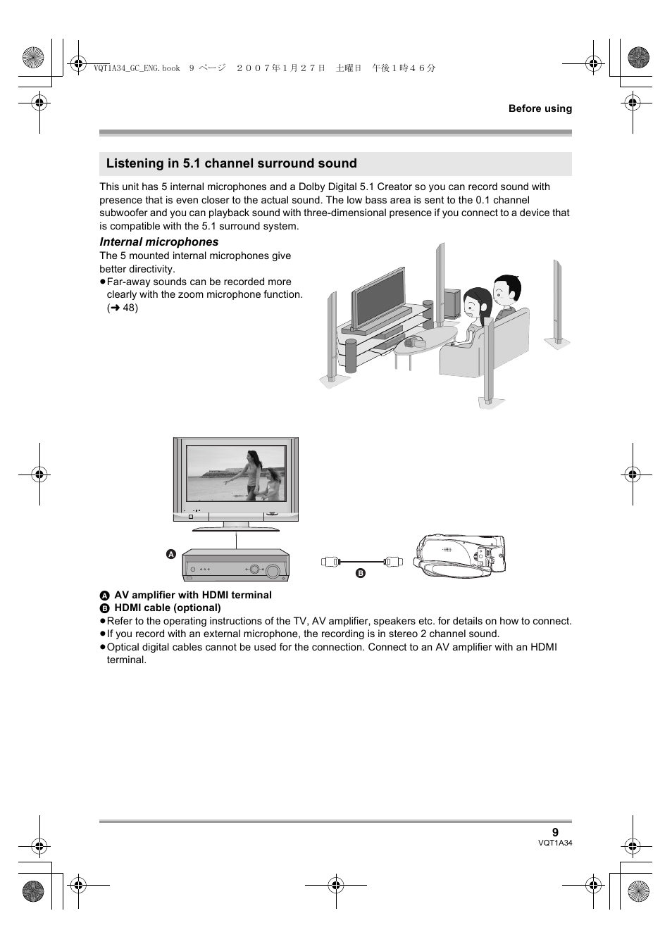 Listening in 5.1 channel surround sound | Panasonic HDC-SD1 User Manual | Page 9 / 124