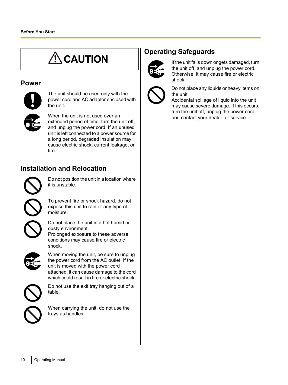 Caution, Power, Installation and relocation | Operating safeguards | Panasonic KV-S1026C User Manual | Page 10 / 64