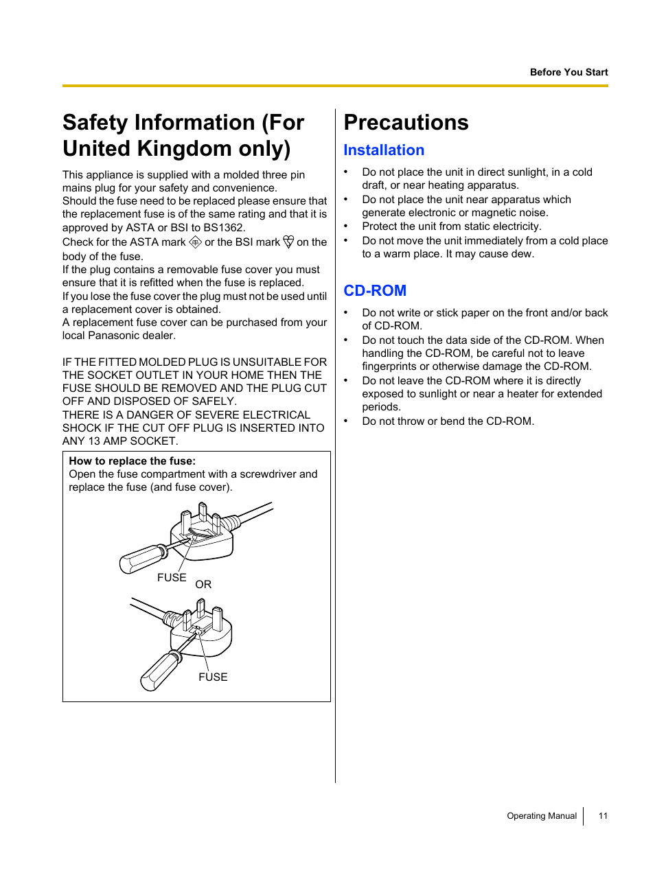 Safety information (for united kingdom only), Precautions, Installation | Cd-rom | Panasonic KV-S1026C User Manual | Page 11 / 64