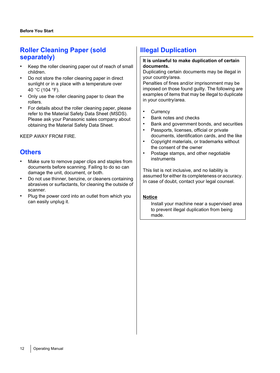 Roller cleaning paper (sold separately), Others, Illegal duplication | Panasonic KV-S1026C User Manual | Page 12 / 64