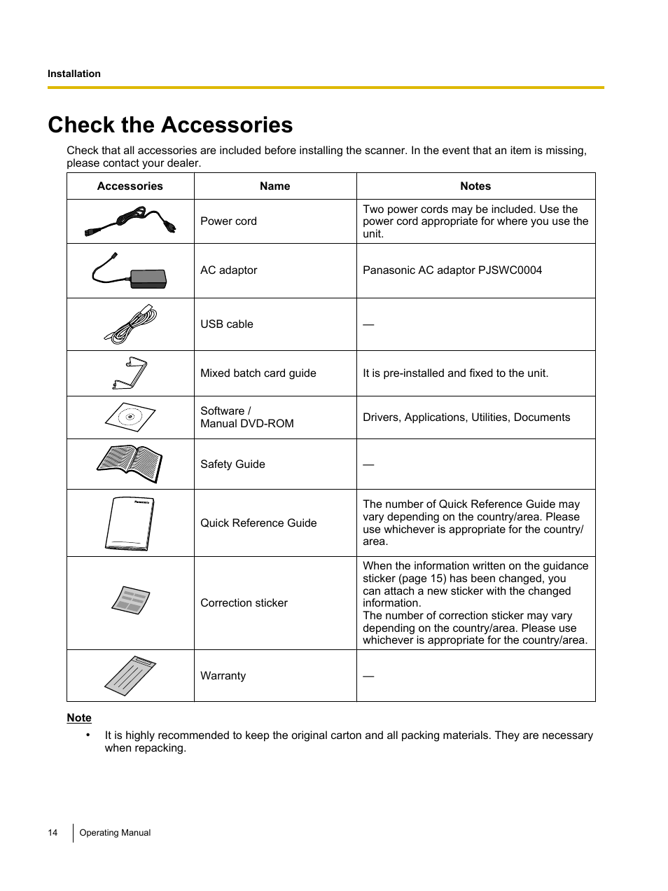 Installation, Check the accessories | Panasonic KV-S1026C User Manual | Page 14 / 64