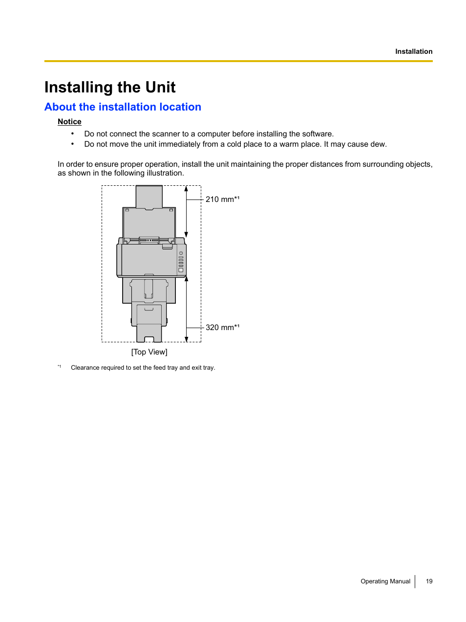 Installing the unit, About the installation location | Panasonic KV-S1026C User Manual | Page 19 / 64