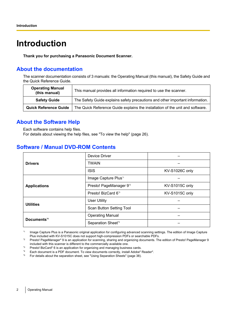 Introduction, About the documentation, About the software help | Software / manual dvd-rom contents | Panasonic KV-S1026C User Manual | Page 2 / 64