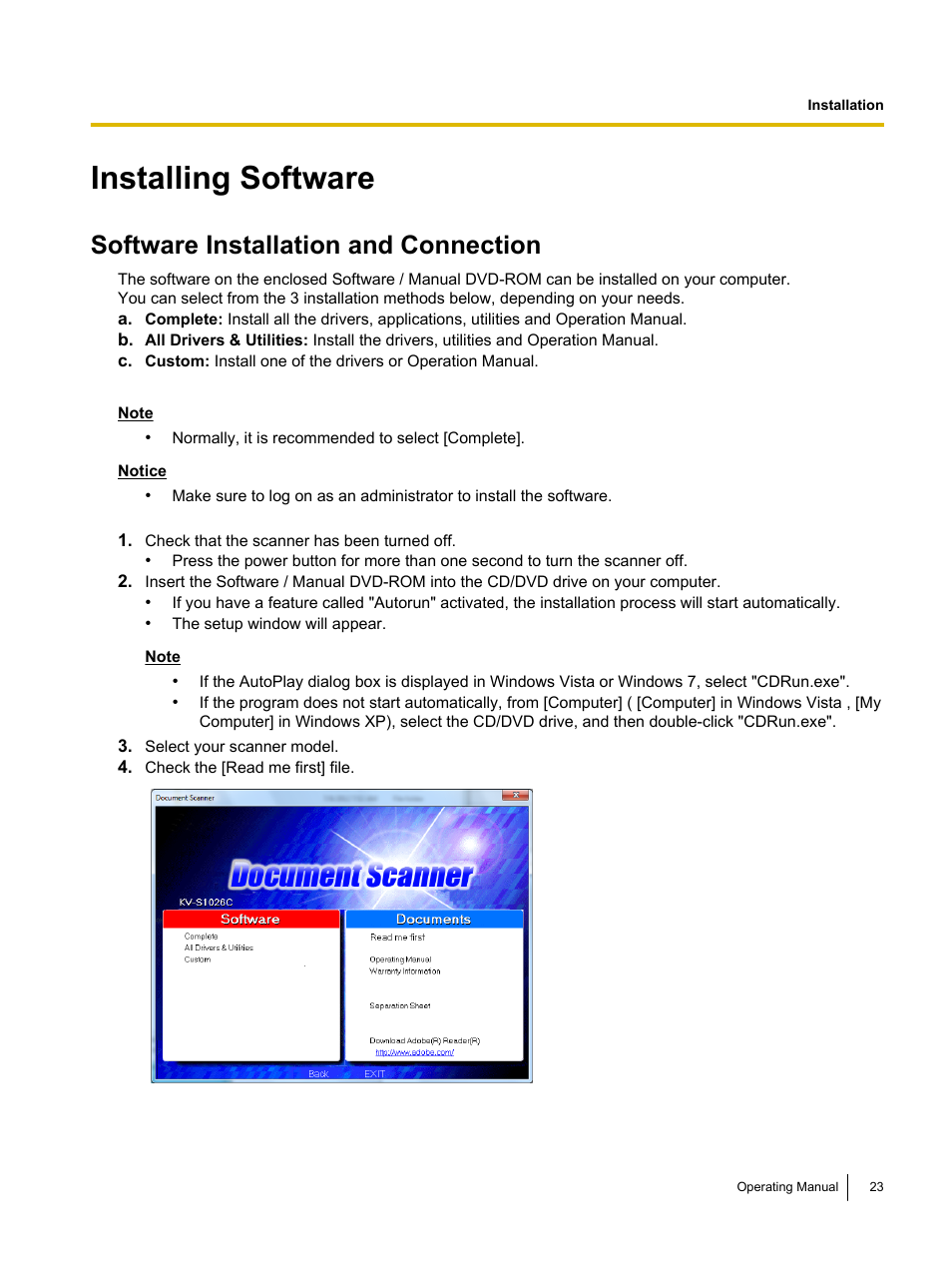 Installing software, Software installation and connection | Panasonic KV-S1026C User Manual | Page 23 / 64