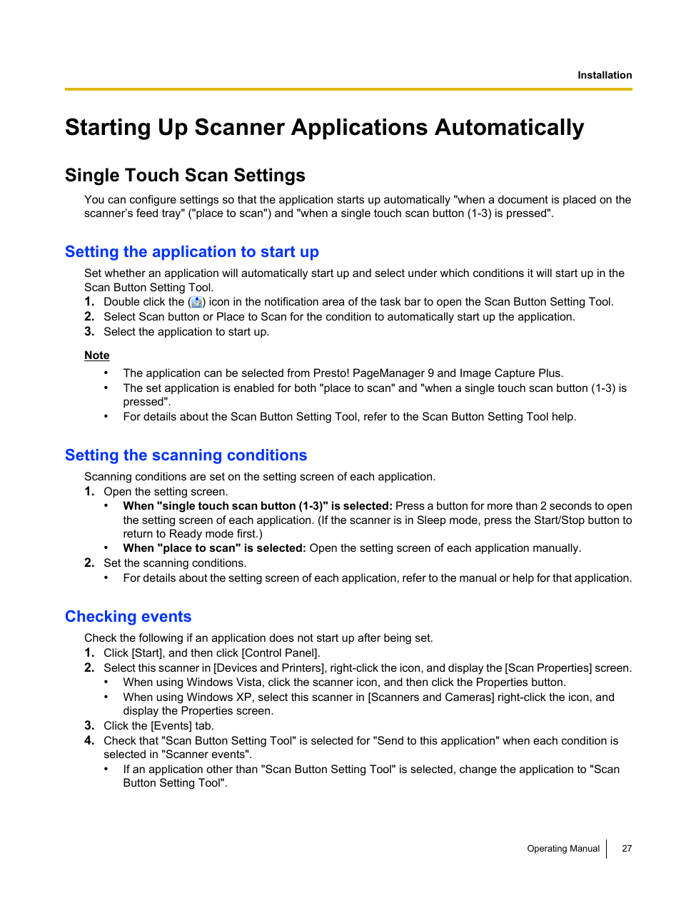 Starting up scanner applications automatically, Single touch scan settings, Setting the application to start up | Setting the scanning conditions, Checking events | Panasonic KV-S1026C User Manual | Page 27 / 64