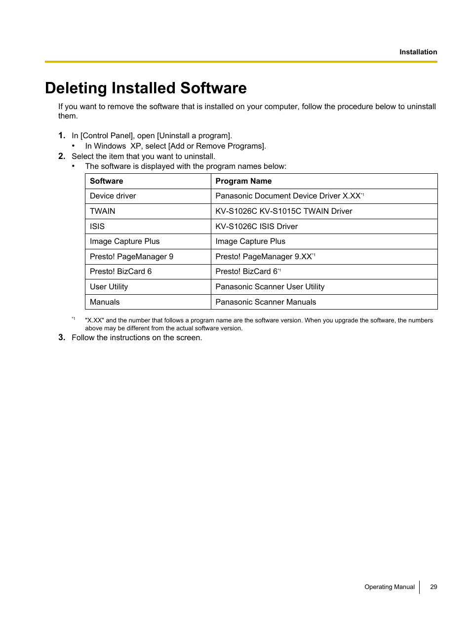 Deleting installed software | Panasonic KV-S1026C User Manual | Page 29 / 64