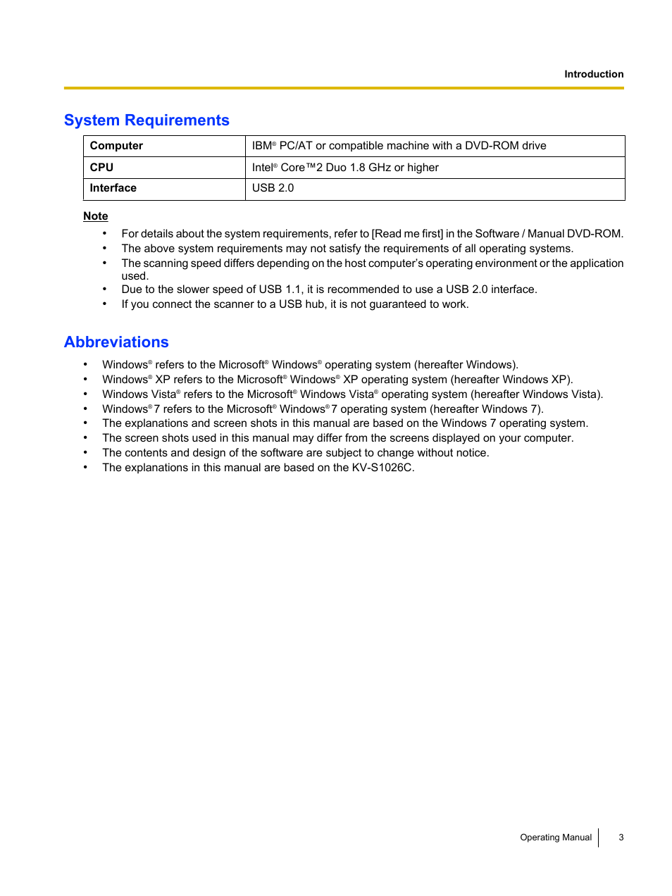 System requirements, Abbreviations | Panasonic KV-S1026C User Manual | Page 3 / 64