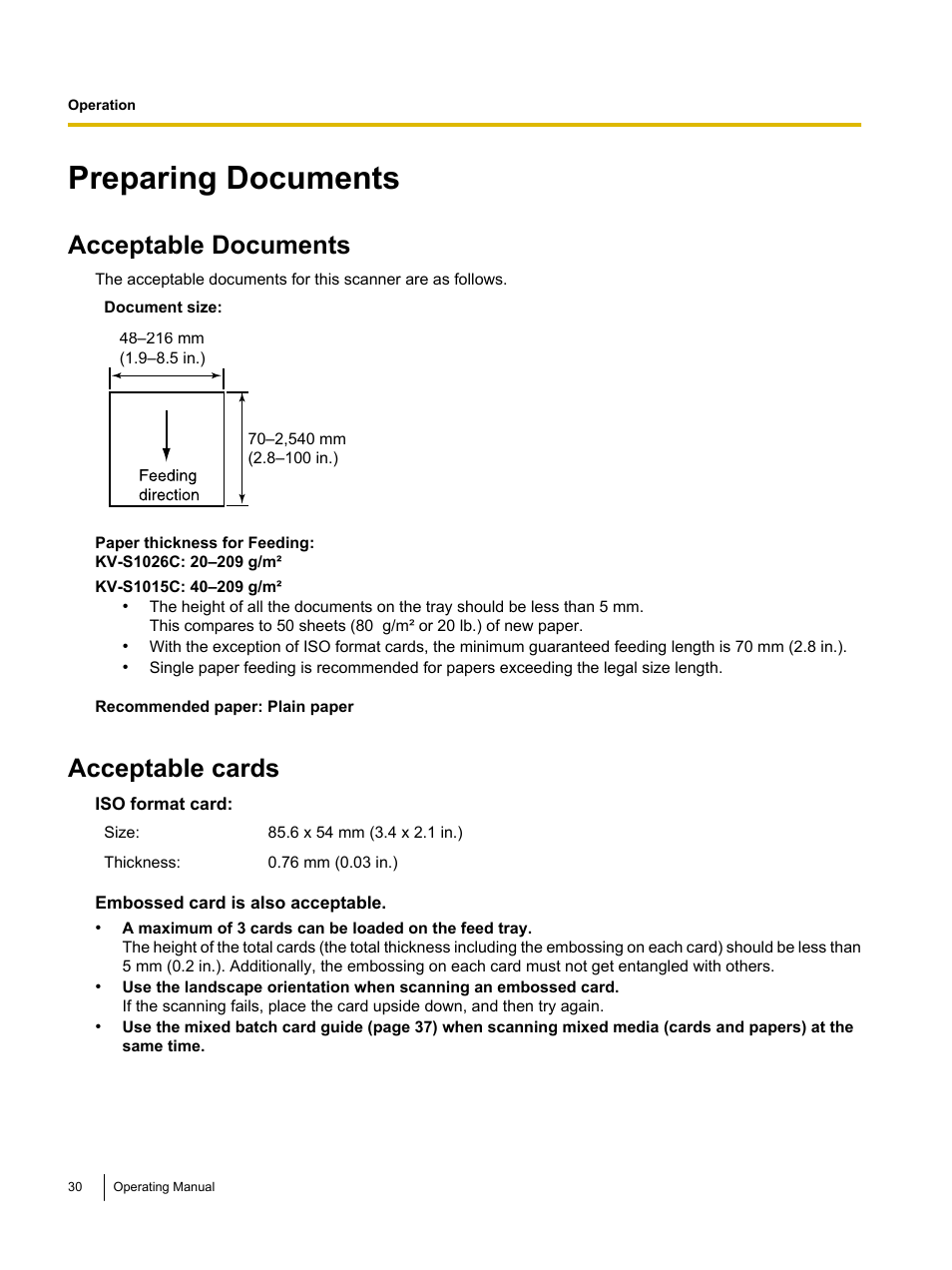 Operation, Preparing documents, Acceptable documents | Acceptable cards | Panasonic KV-S1026C User Manual | Page 30 / 64