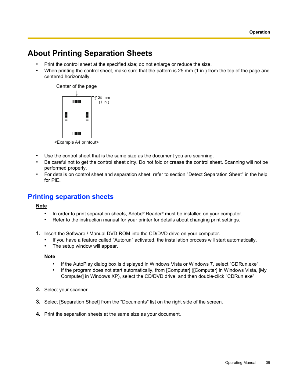 About printing separation sheets, Printing separation sheets | Panasonic KV-S1026C User Manual | Page 39 / 64