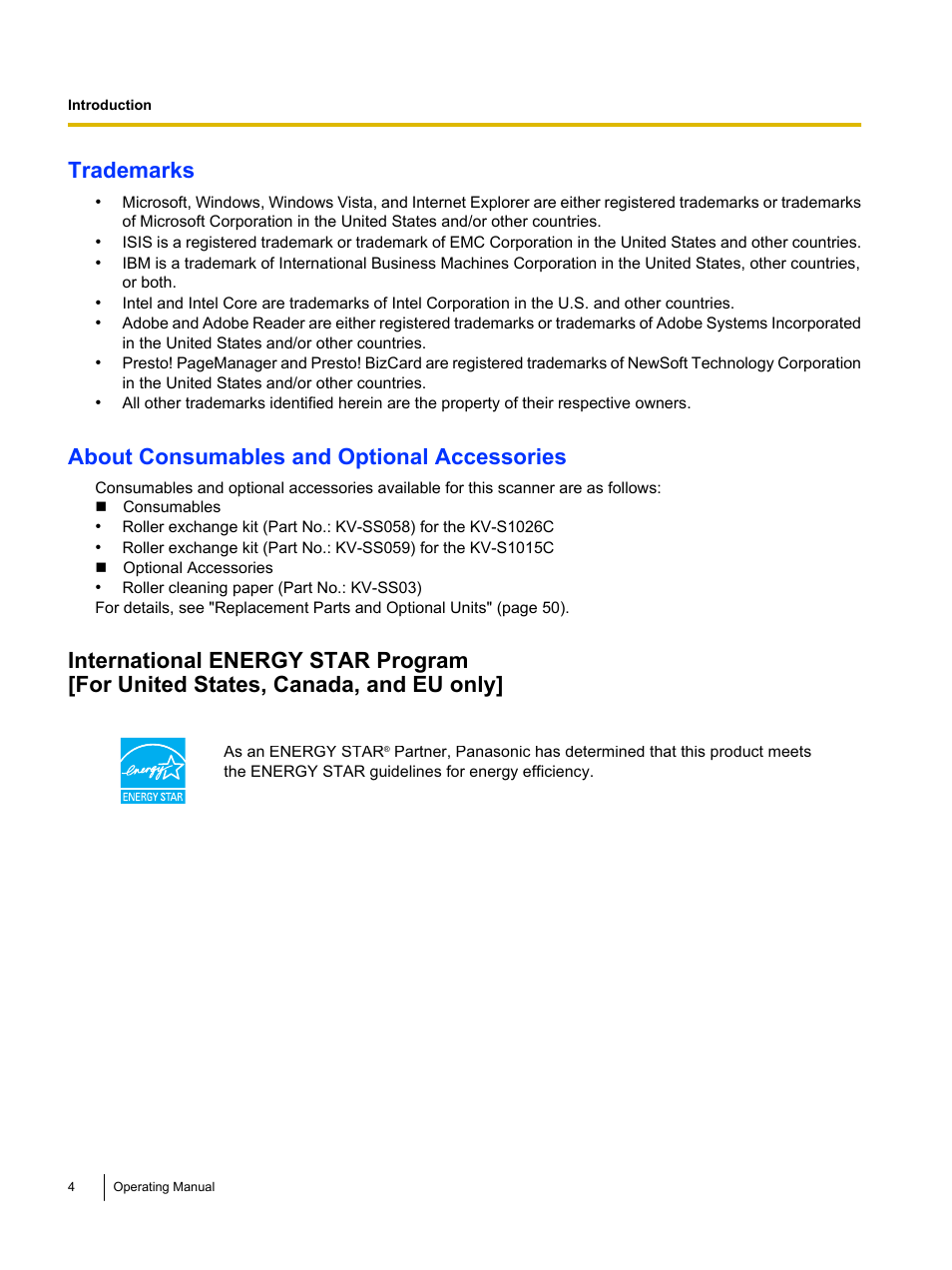 Trademarks, About consumables and optional accessories | Panasonic KV-S1026C User Manual | Page 4 / 64