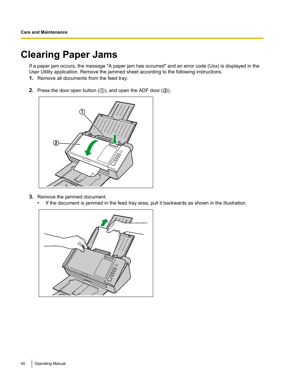 Care and maintenance, Clearing paper jams | Panasonic KV-S1026C User Manual | Page 40 / 64