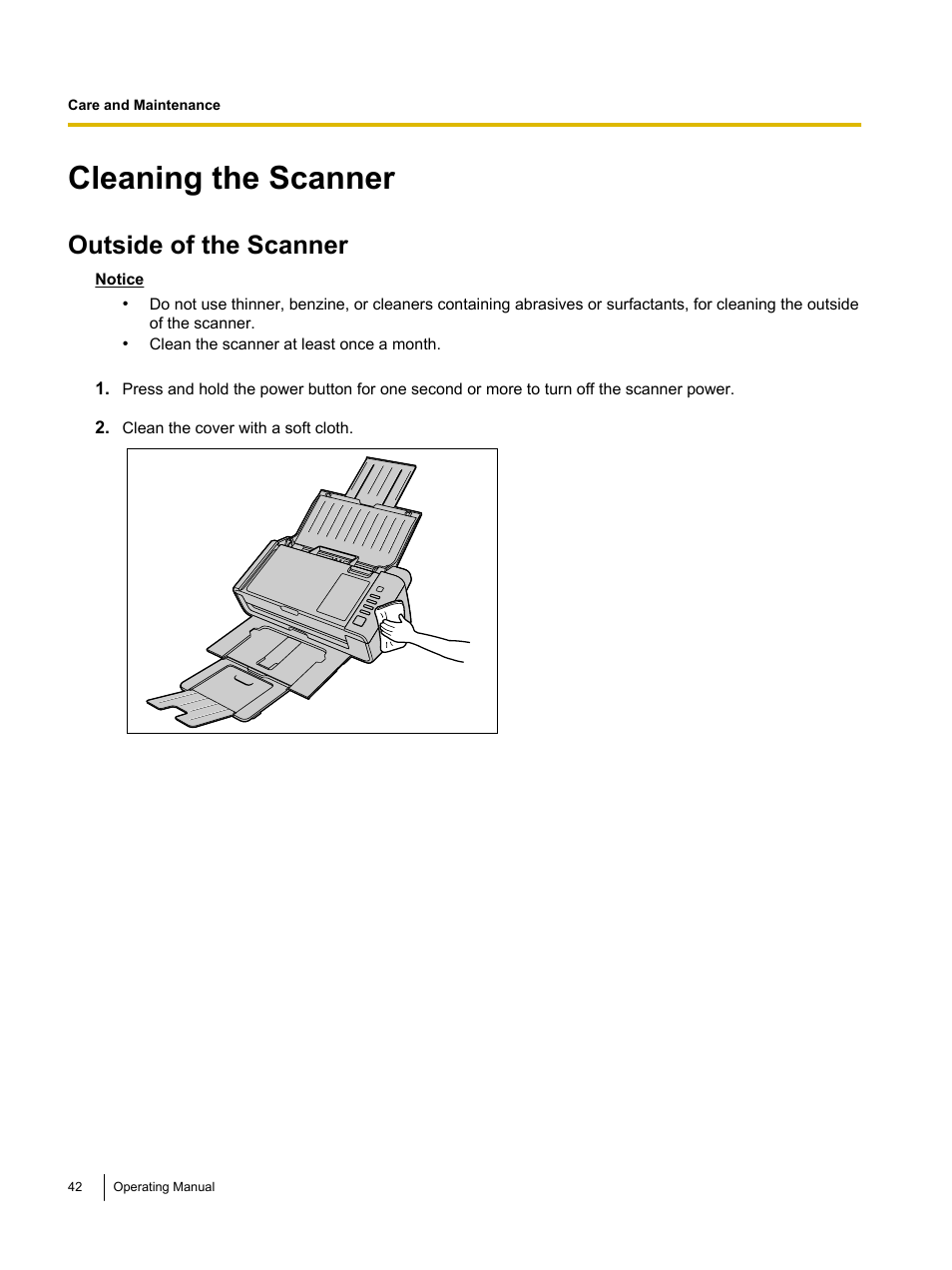 Cleaning the scanner, Outside of the scanner | Panasonic KV-S1026C User Manual | Page 42 / 64