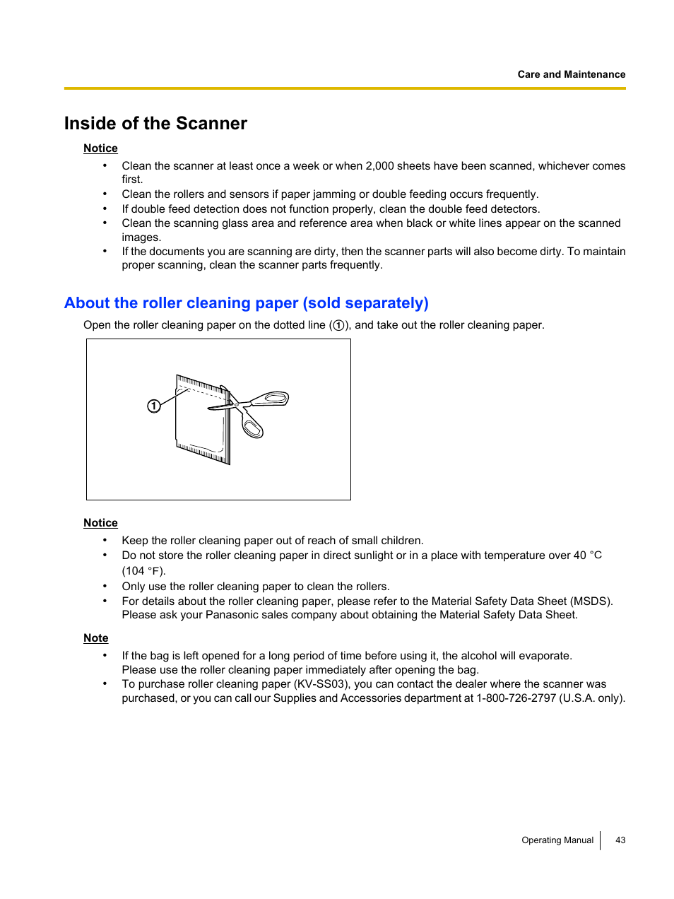 Inside of the scanner, About the roller cleaning paper (sold separately) | Panasonic KV-S1026C User Manual | Page 43 / 64