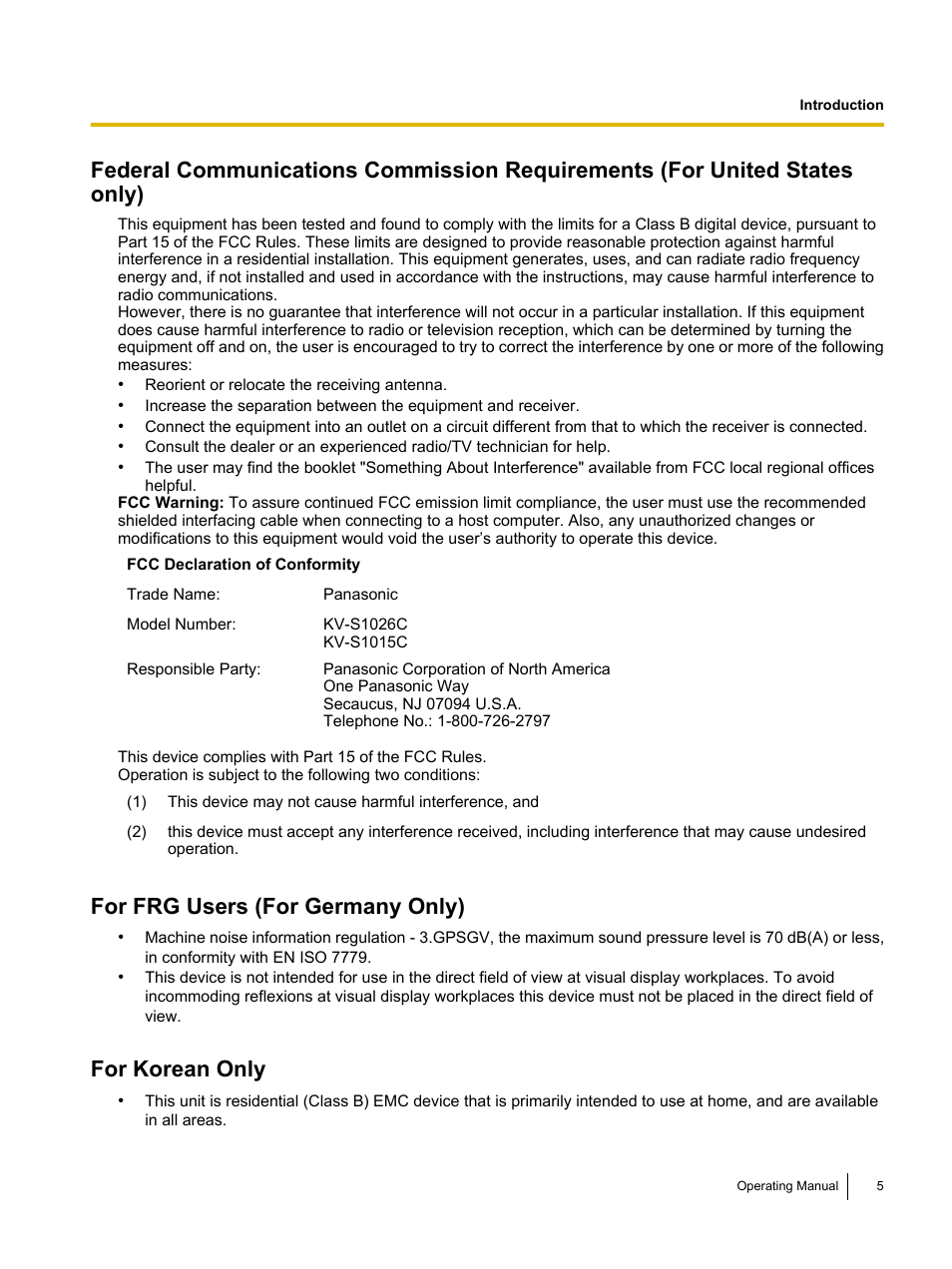 For frg users (for germany only), For korean only | Panasonic KV-S1026C User Manual | Page 5 / 64