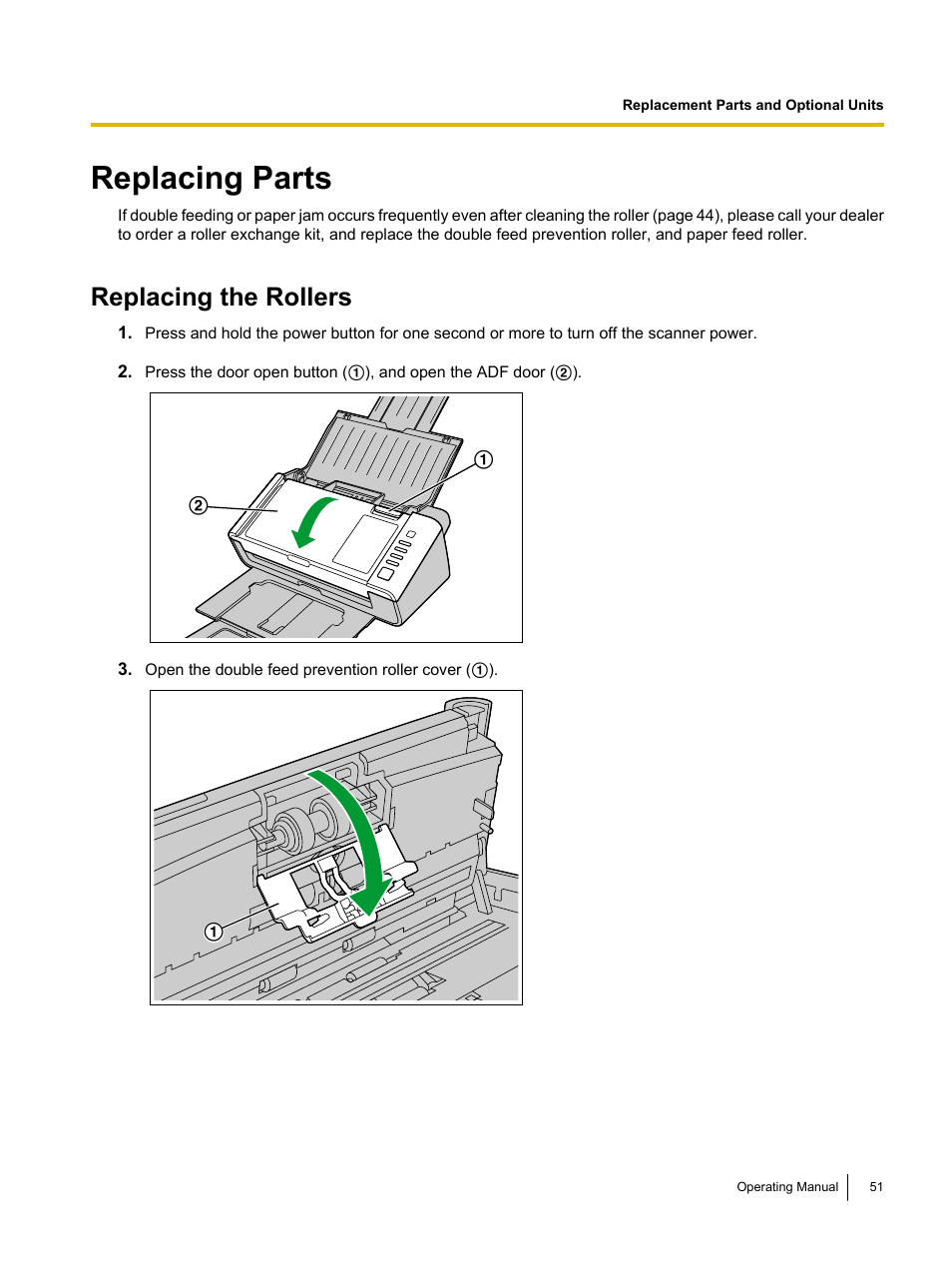 Replacing parts, Replacing the rollers | Panasonic KV-S1026C User Manual | Page 51 / 64