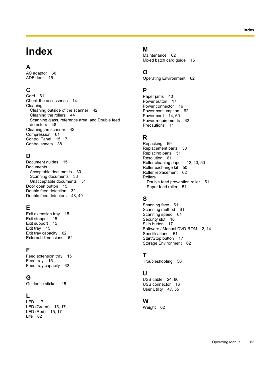 Index | Panasonic KV-S1026C User Manual | Page 63 / 64