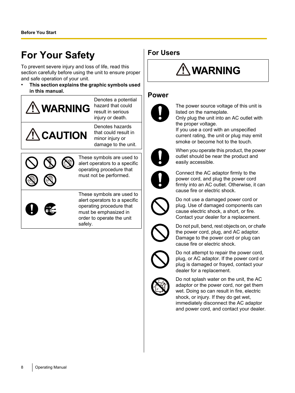 Before you start, For your safety, Warning | Caution | Panasonic KV-S1026C User Manual | Page 8 / 64