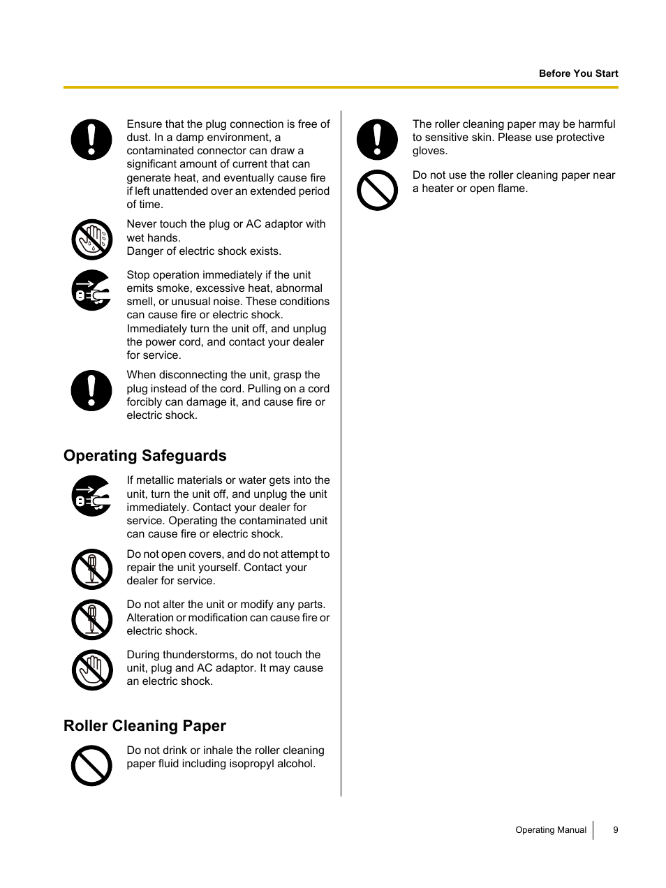 Operating safeguards, Roller cleaning paper | Panasonic KV-S1026C User Manual | Page 9 / 64